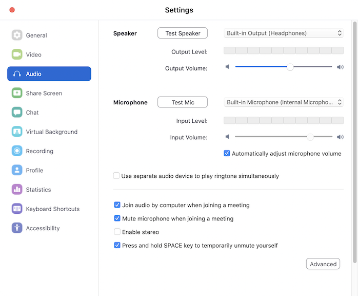 Audio settings