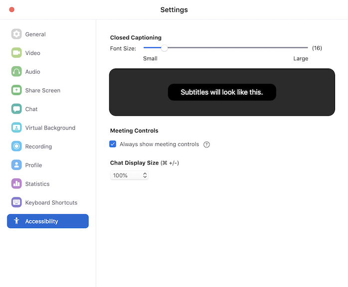 Accessibility settings